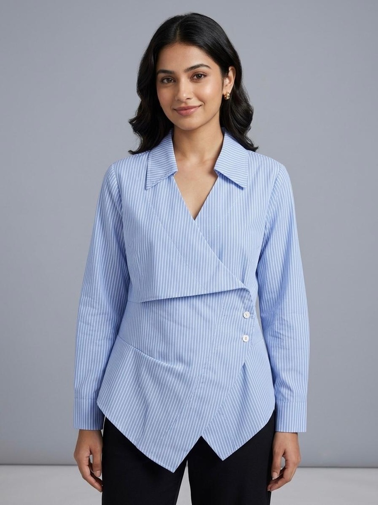 No Caption Women's Blue Striped Wrap Style Collared Shirt Top (S)