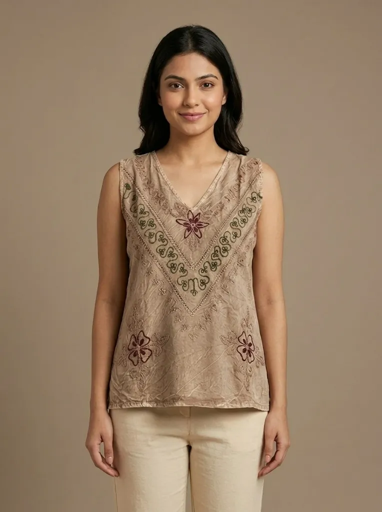 Women's Beige Embroidered Sleeveless V-Neck Cotton Top (S)