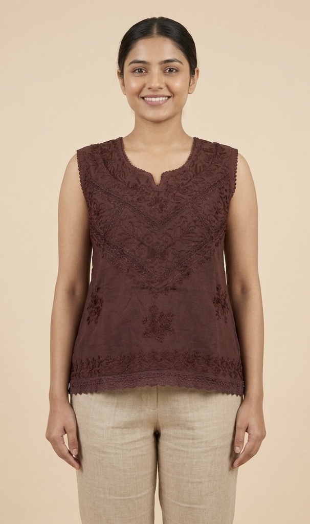 No Caption | Women's Maroon Embroidered Sleeveless Cotton Top (S)