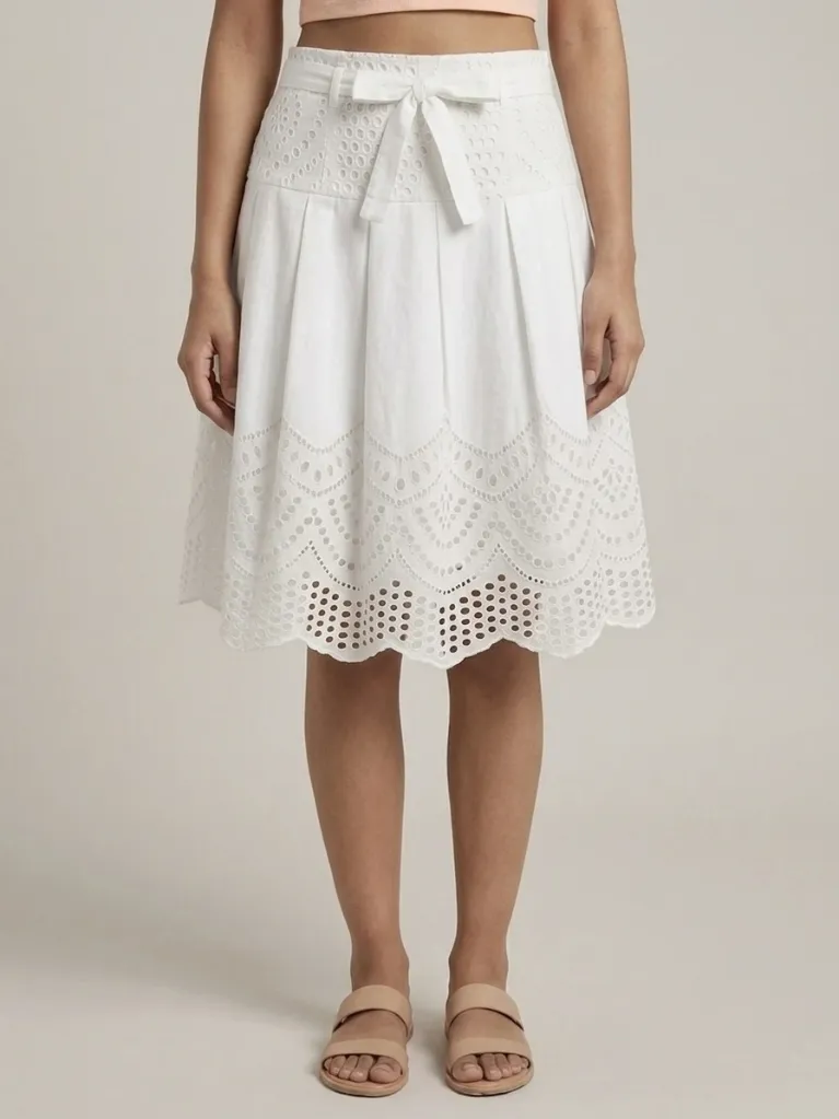 No Caption | Women's White Schiffli Embroidered Cotton A-Line Skirt (S)
