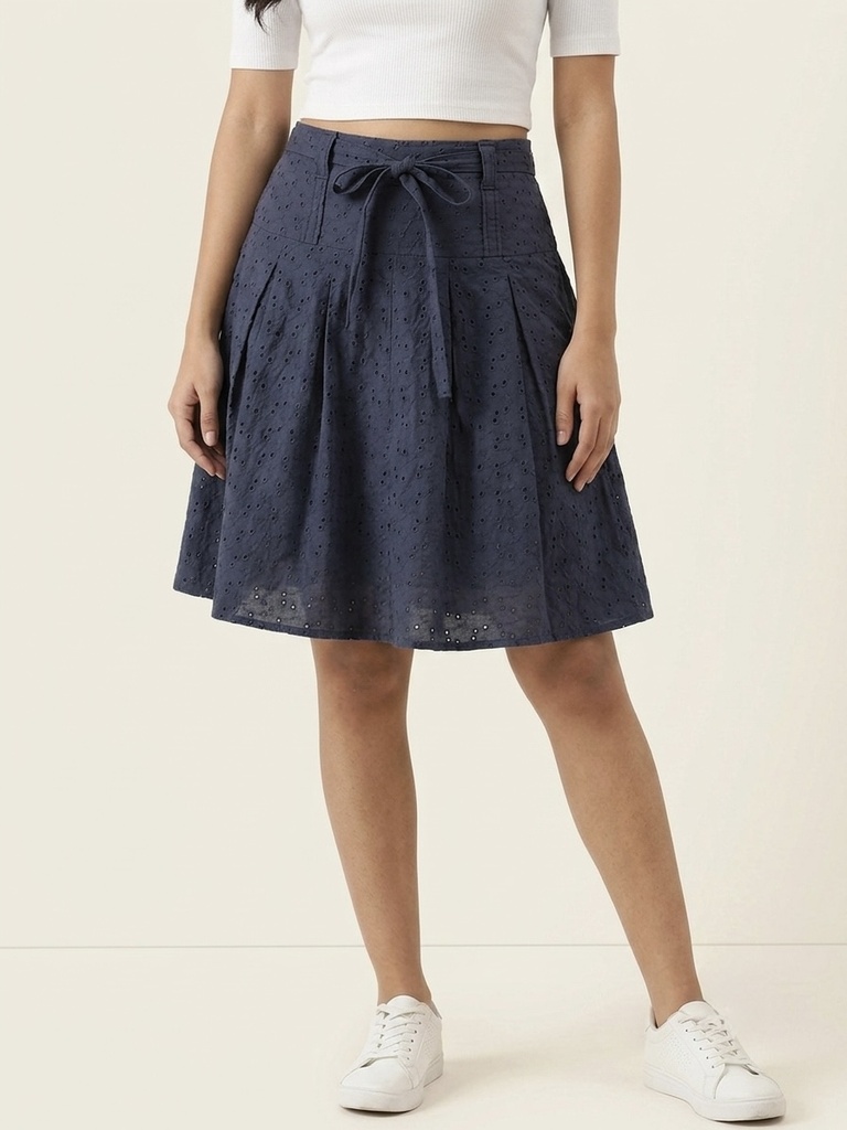 No Caption | Women's Navy Blue Schiffli Embroidered Cotton A-Line Skirt (S)